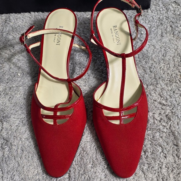 Rangoni Firenze Red T Strap Italian Leather‎ Heels Pointed Toe Patent 7.5 B NEW - Picture 2 of 6